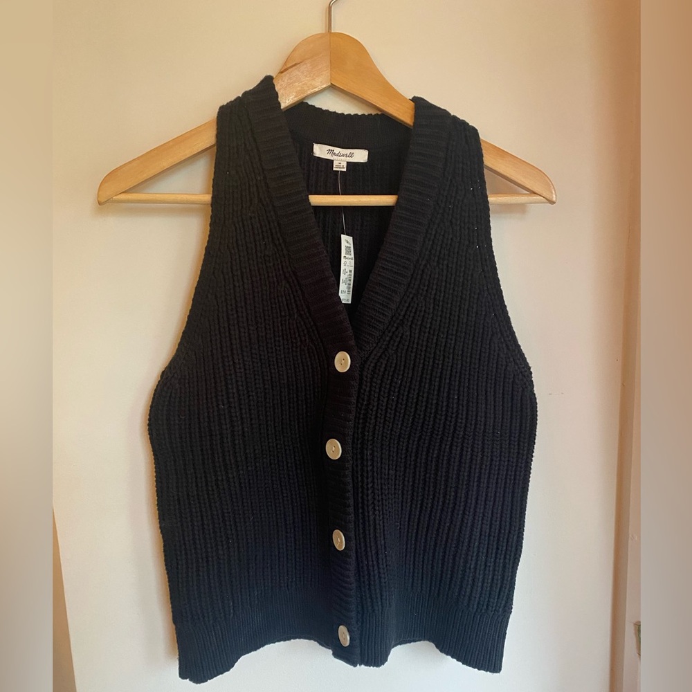 NWT Madewell Sweater Vest Women’s Black Cutaway Chunky Knit V Neck Button Up